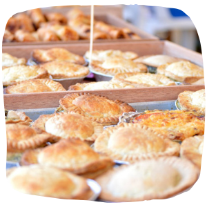 a close up of pies