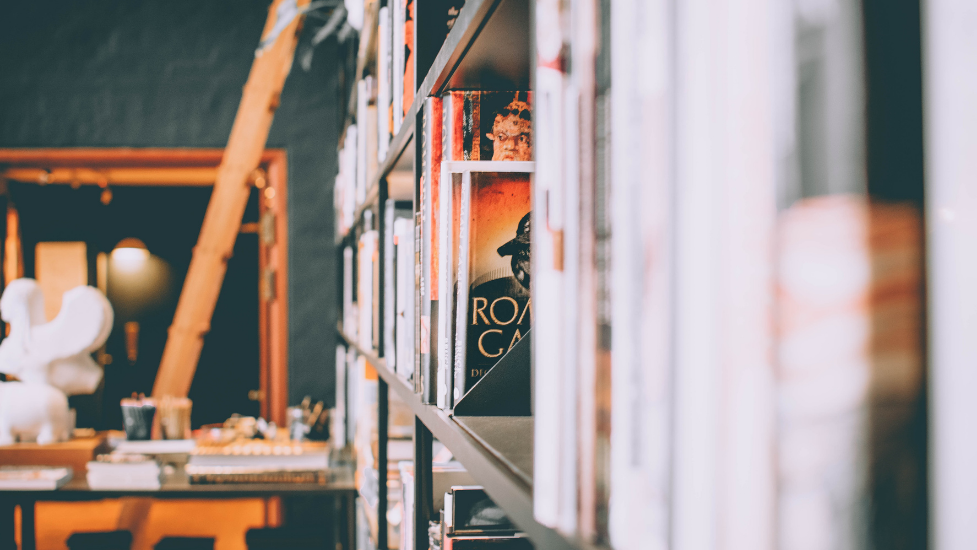 a close up of a book shelf