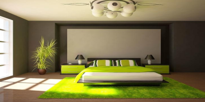 a bedroom with a green light