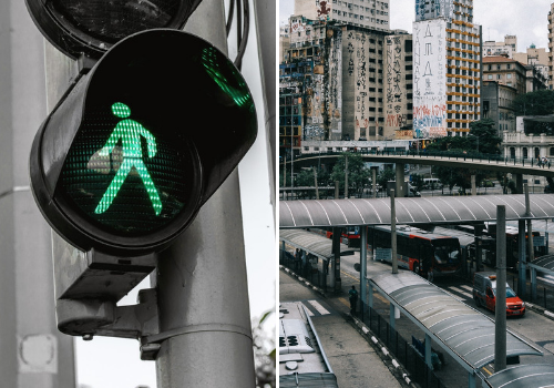 a traffic light on a city street